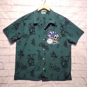 GENUINE Shirt Mens Large Green Skull Flame Graffiti Button Up Streetwear